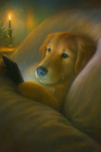 Dog lying on a couch with a warm, cozy atmosphere